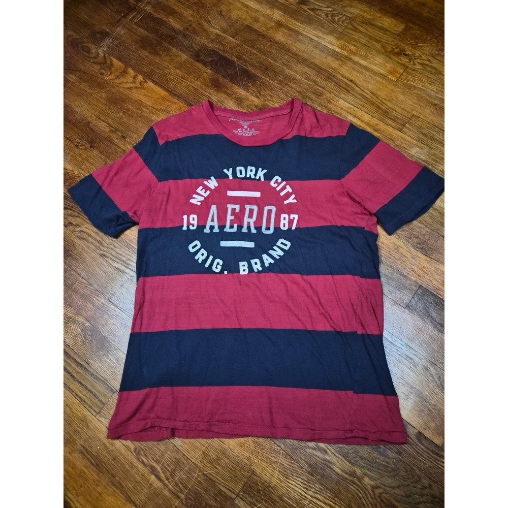 Aeropostale Mens XL T-Shirt Red Navy Blue Striped Graphic New York City 1987 Tee